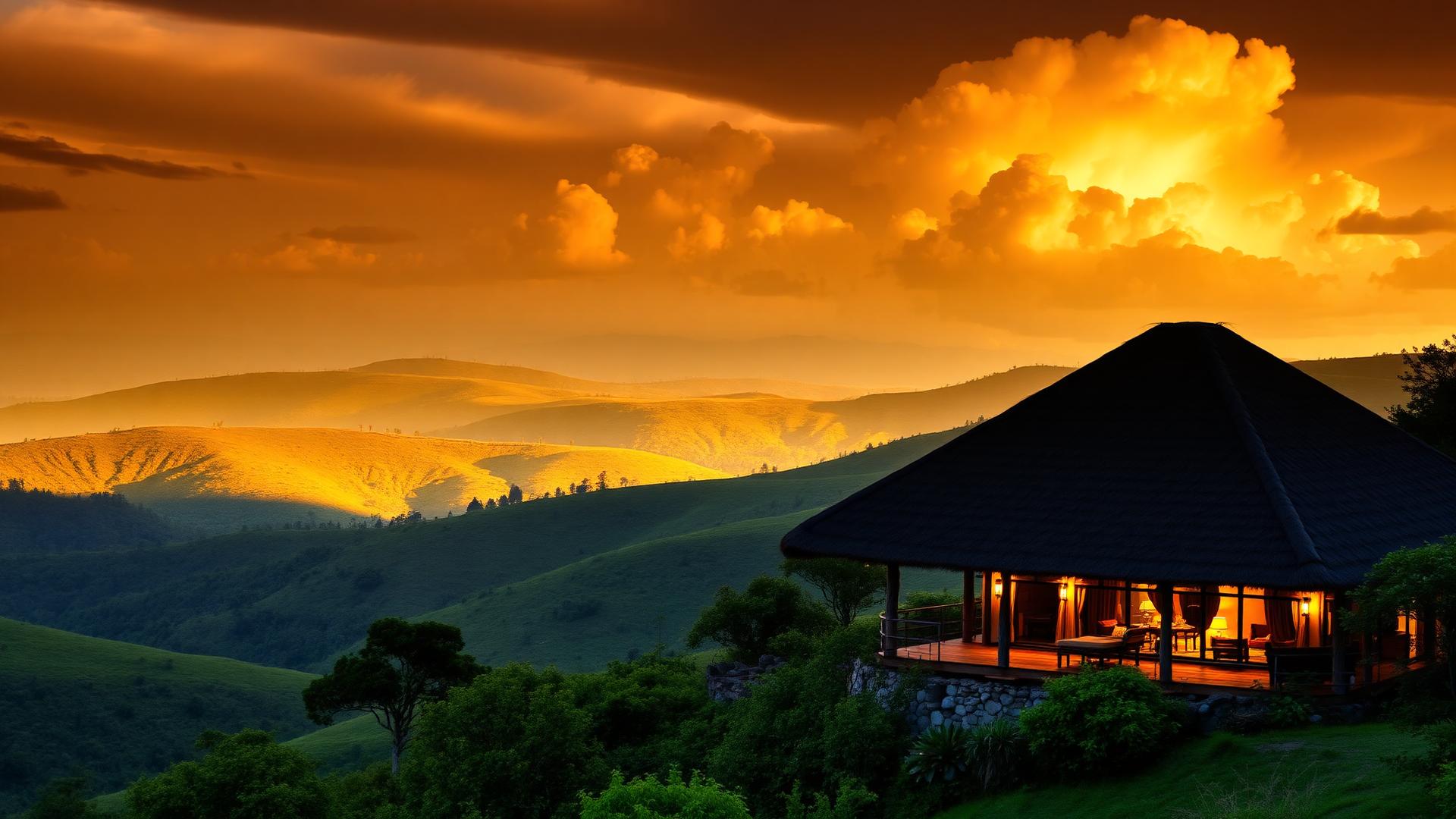 Rwanda's rolling green hills at golden hour with luxury eco-lodge