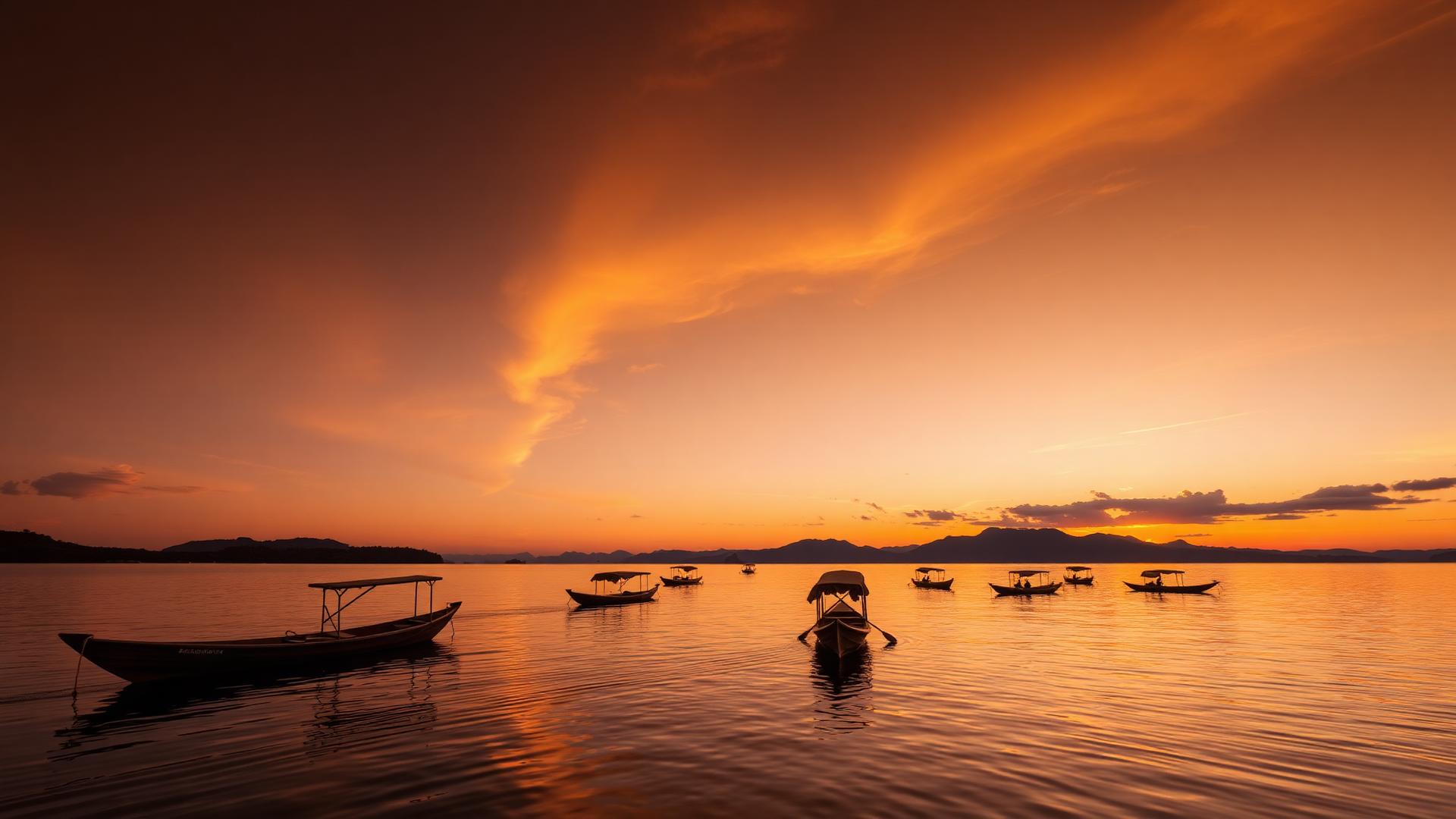 Sunset over Lake Kivu with traditional boats